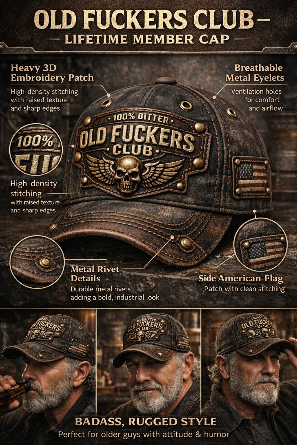 🏆Flash Sale 60% OFF  - ❤️Old Fuckers Club-Handmade Vintage Baseball Cap🎁-BUY 3 FREE SHIPPING