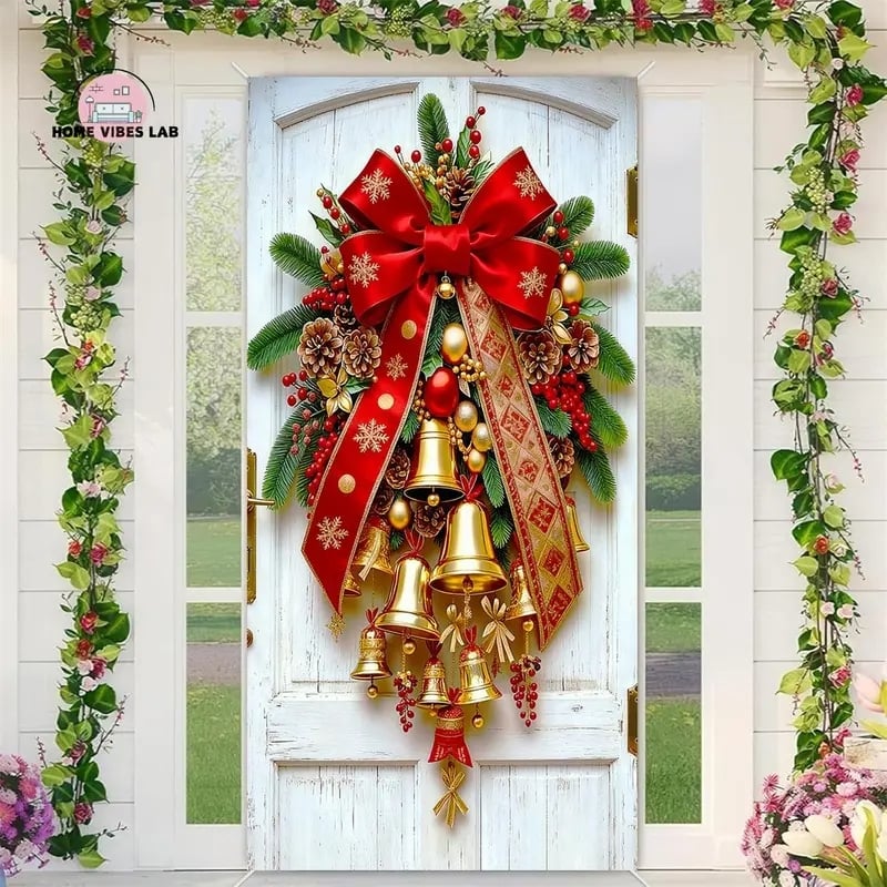 🎄Golden Christmas Bells & Wreath Door Cover - 35.4" x 70.8"