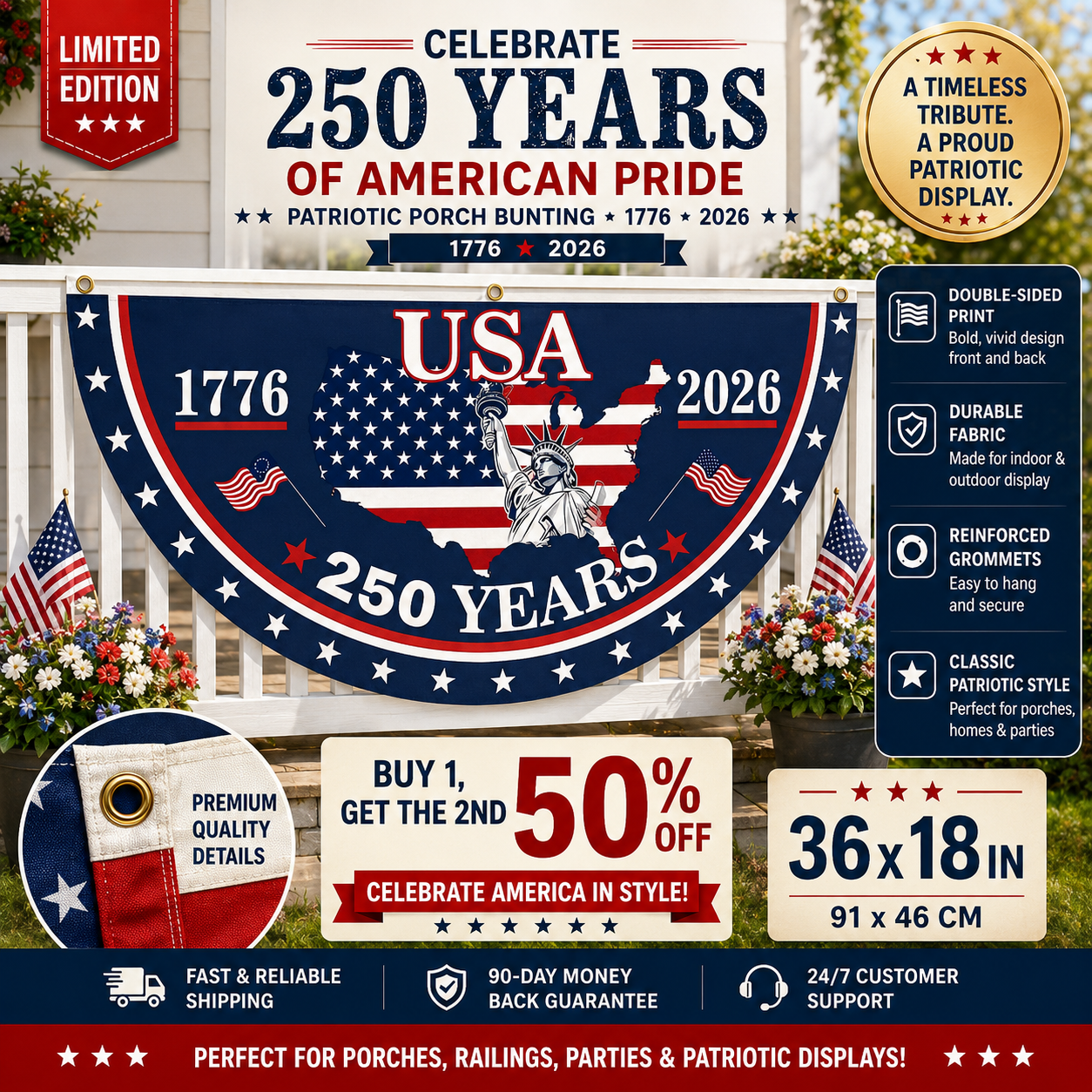 🗽USA 250th Anniversary Flag Half Round Banner🦅