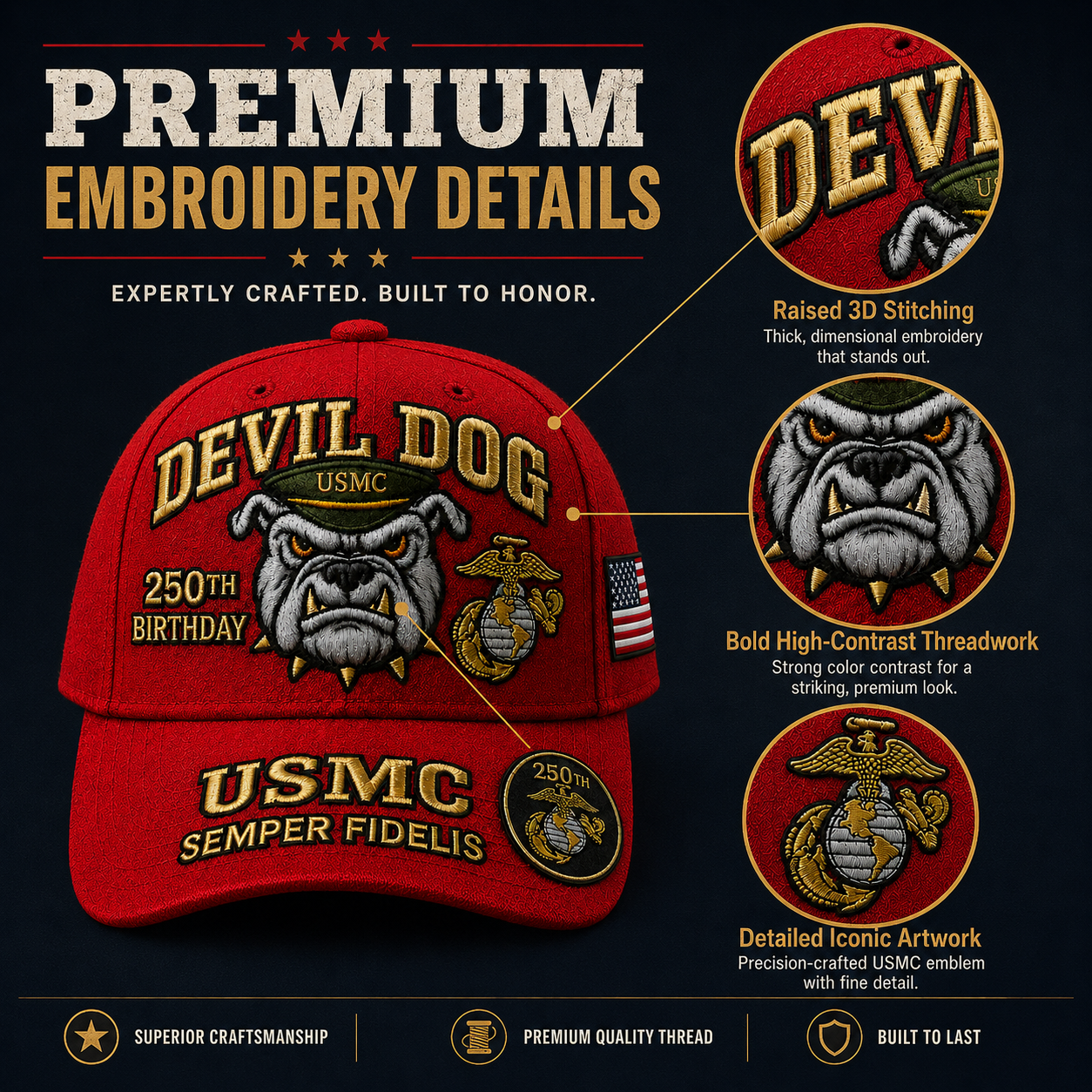 🔥 Father’s Day Sale - ❤️Devil Dog USMC 250th Birthday Commemorative Embroidered Cap 🇺🇸