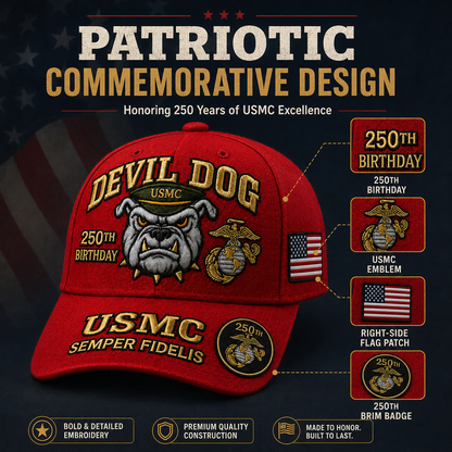 🔥 Father’s Day Sale - ❤️Devil Dog USMC 250th Birthday Commemorative Embroidered Cap 🇺🇸