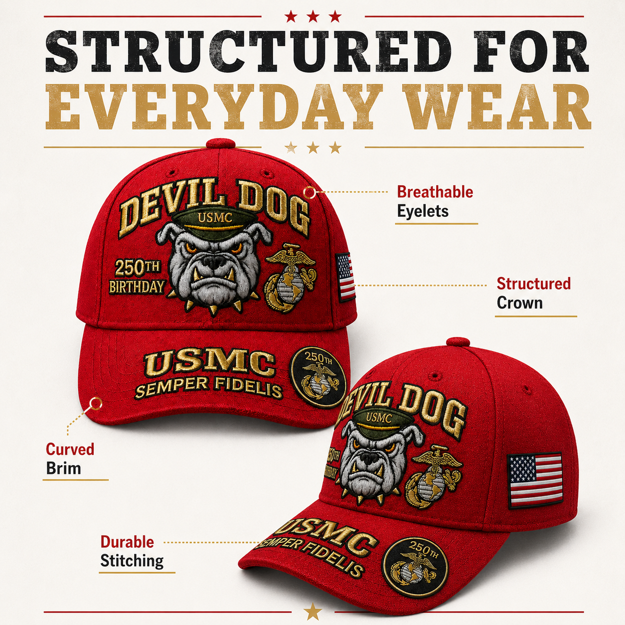 🔥 Father’s Day Sale - ❤️Devil Dog USMC 250th Birthday Commemorative Embroidered Cap 🇺🇸