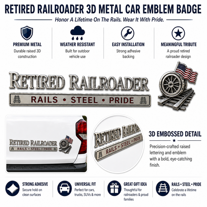 🚂 Retired Railroader Rails Steel Pride Metal Car Emblem Badge