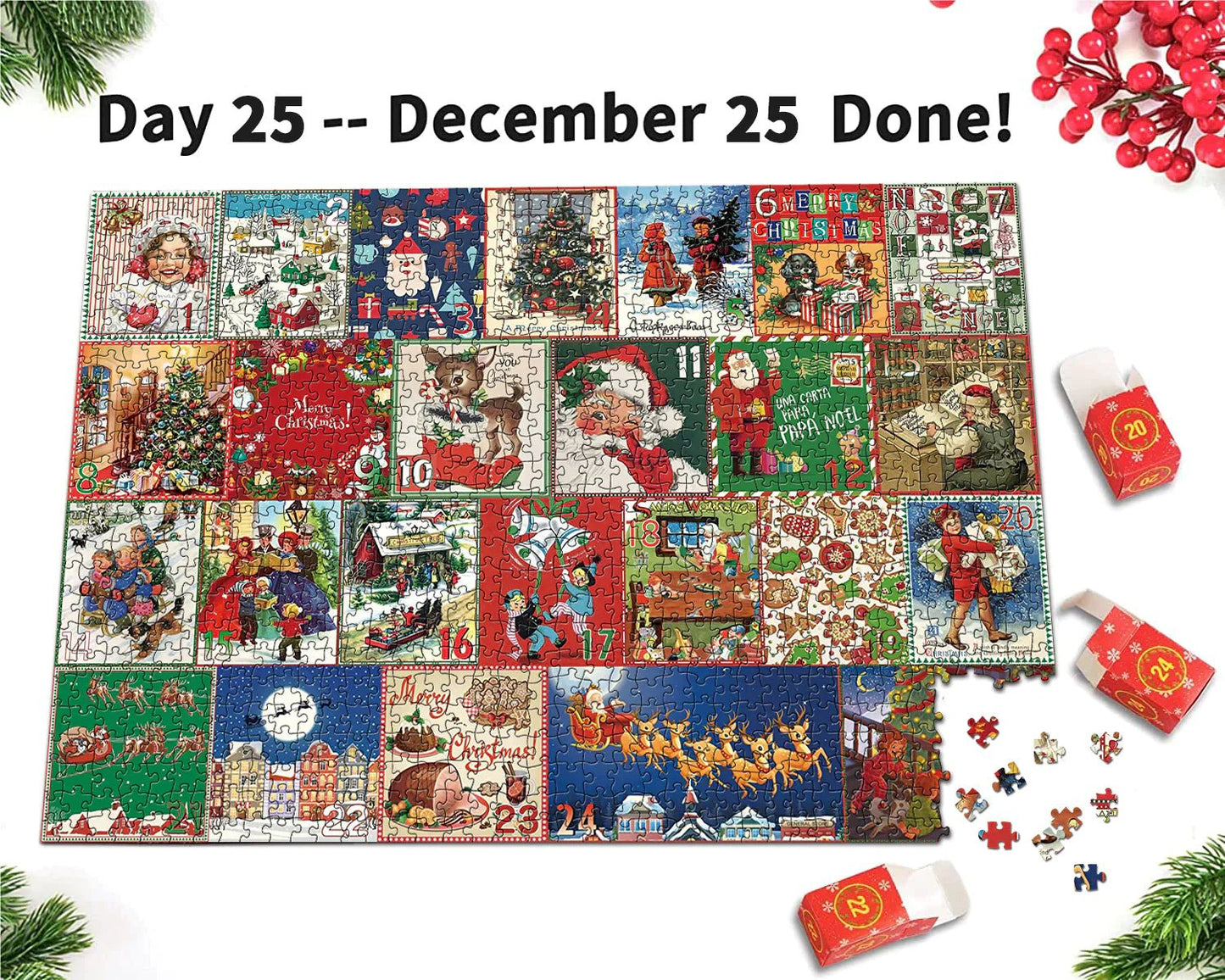 ✨Christmas Countdown Calendar Jigsaw Puzzle – 1000pcs Festive Daily Surprise Puzzle with 24 Holiday Boxes | Cozy Village Scene for Family Xmas Fun & Decor!🎄