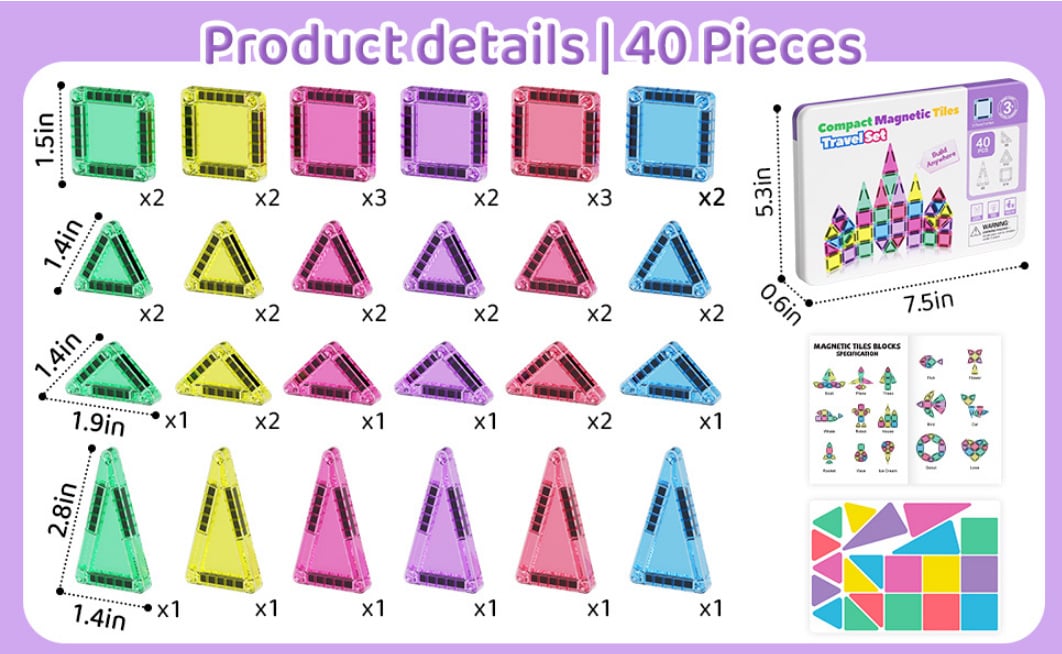 🎁Big Sale 🔥🧲42-Piece Mini Magnetic Tiles Travel Set with Metal Storage Box - Portable STEM Building Blocks