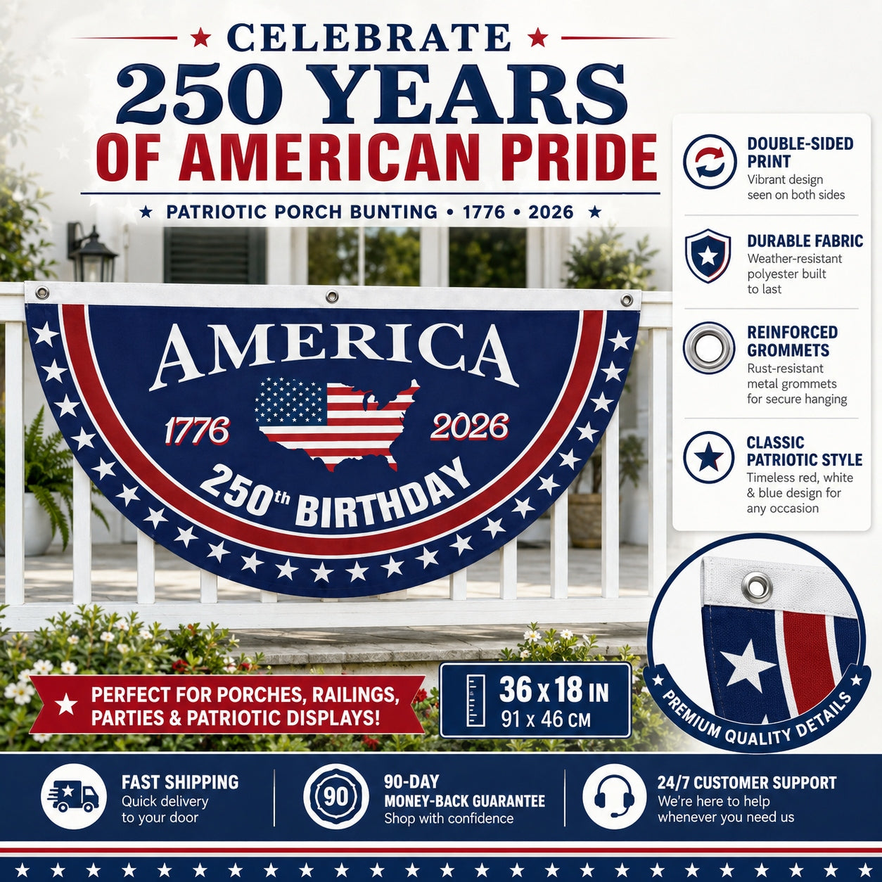 🗽USA 250th Anniversary Flag Half Round Banner🦅