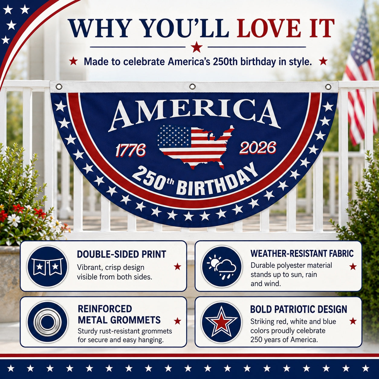 🗽USA 250th Anniversary Flag Half Round Banner🦅