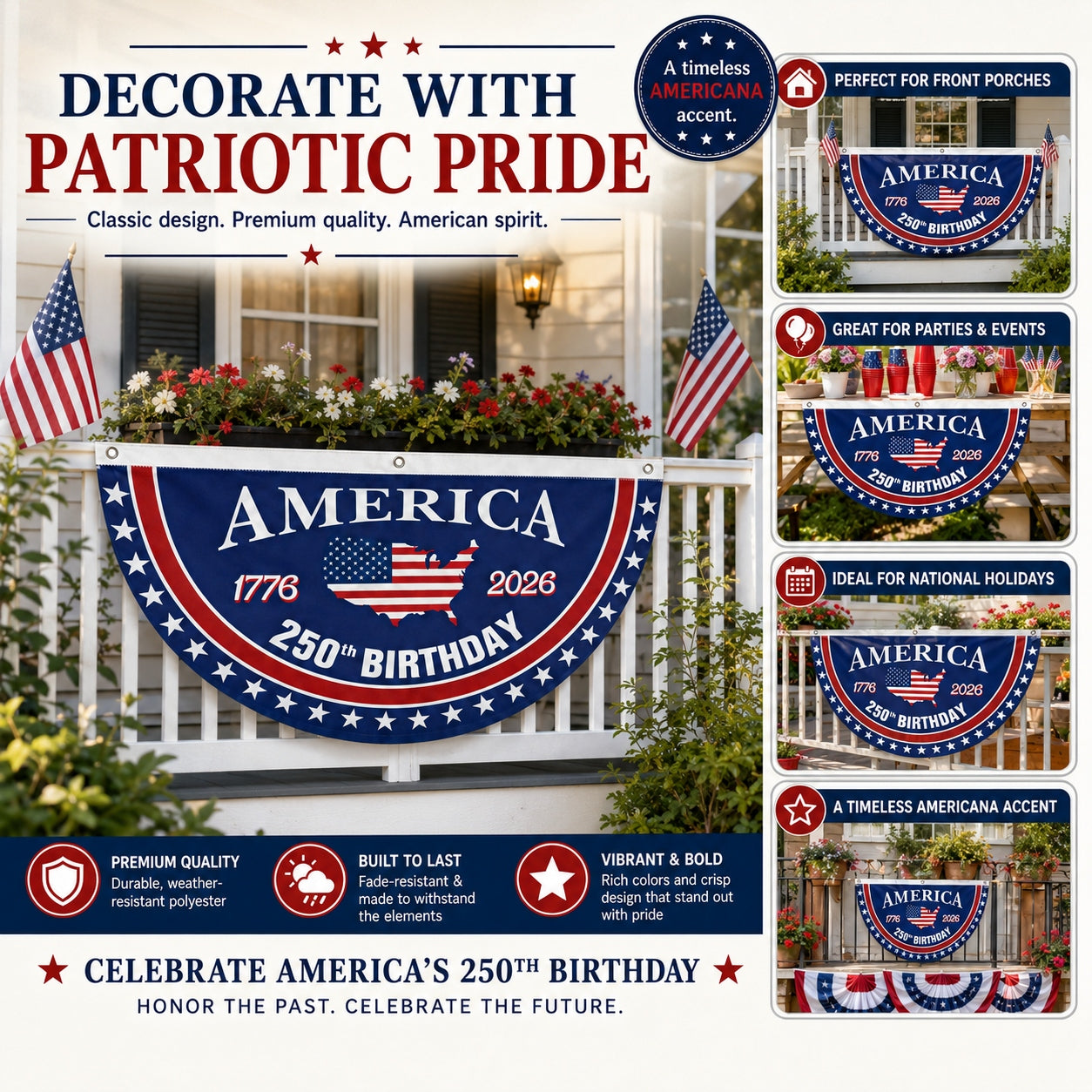 🗽USA 250th Anniversary Flag Half Round Banner🦅