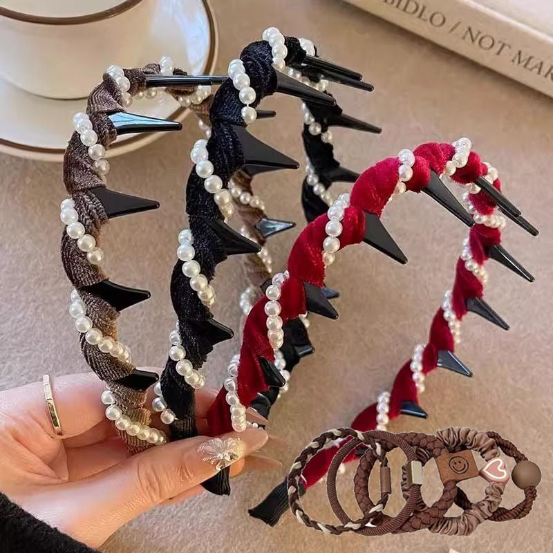 ✨Retro Beaded Claw Headband Set – Vintage-Inspired Hair Accessory with Pearl & Fabric Detail | Stylish Hair Hoop for Women, Perfect for Daily & Party Looks!👑